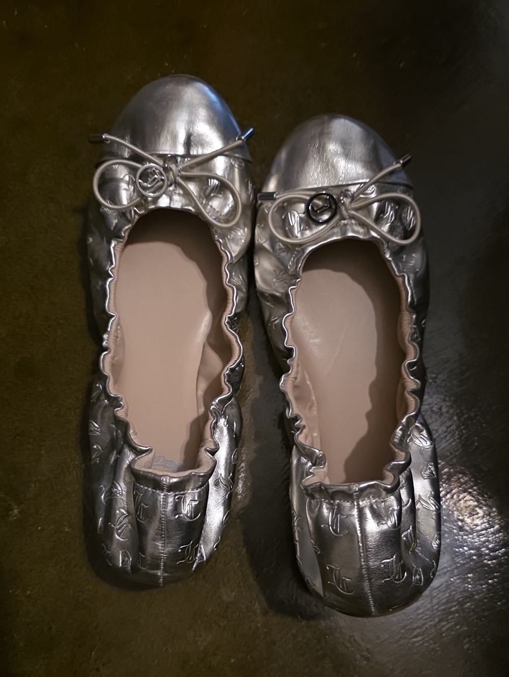 Juicy Couture Metallic Silver Logo Ballet Flats with Bow